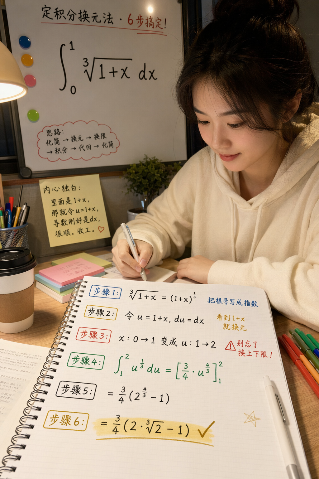 AI生成的定积分解题步骤图：彩色笔记风格，每步标注思考过程
