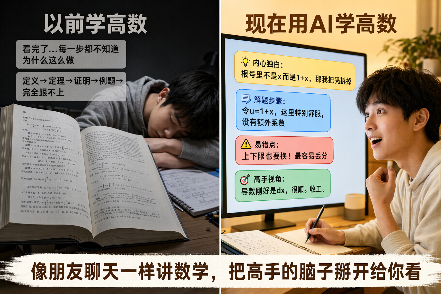 传统学高数vs AI学高数对比图：枯燥公式 vs 对话式讲解