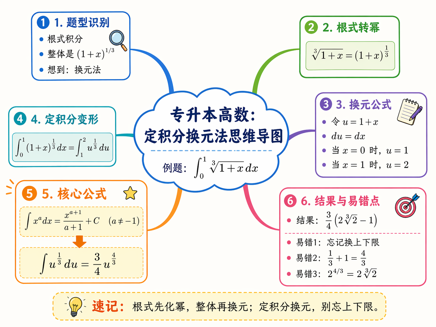 定积分换元法思维导图：6步解题流程，题型识别→根式转幂→换元公式→变形→核心公式→结果与易错点