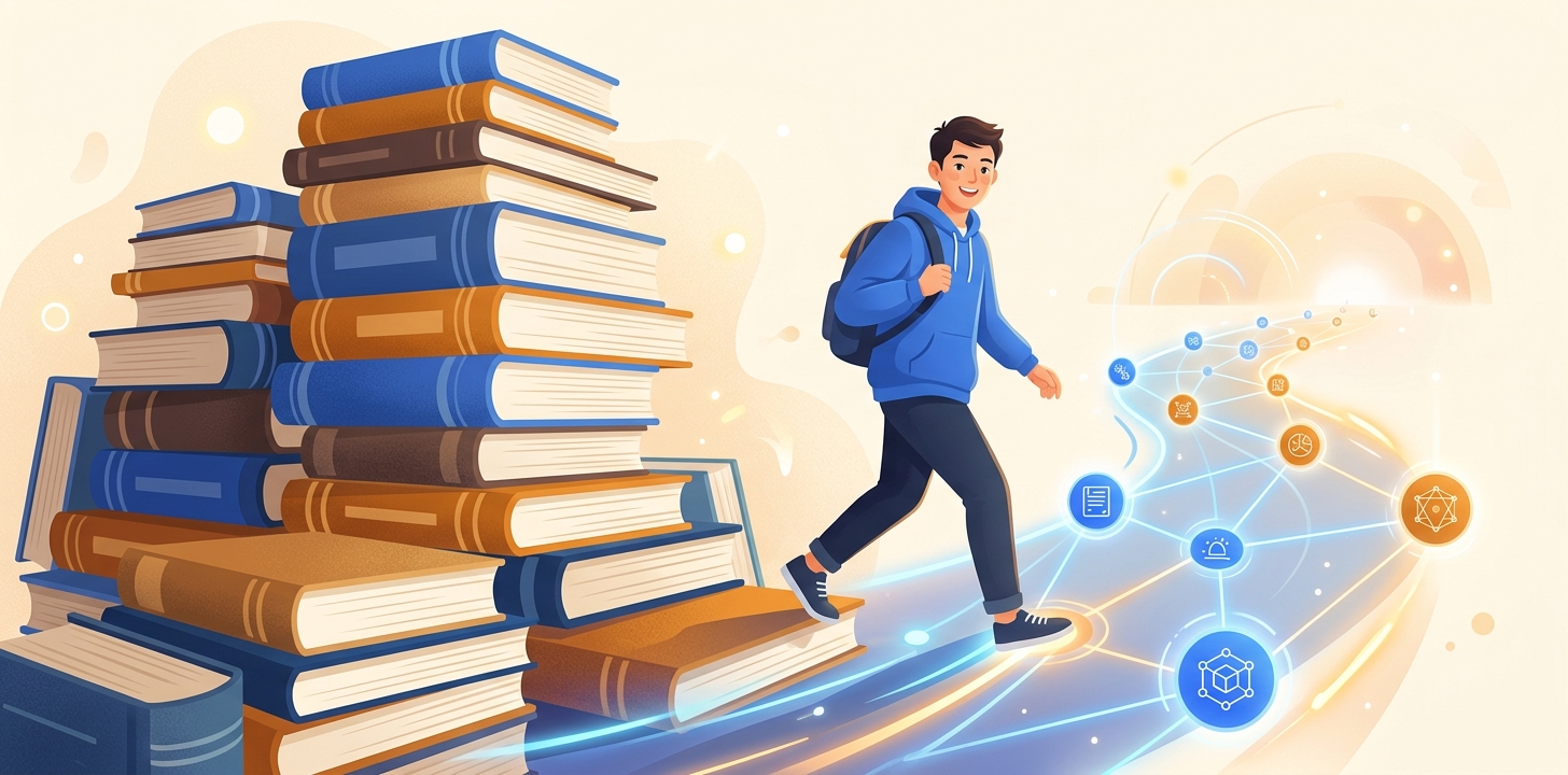 学生走出书山，前方是一条发光的AI学习路径